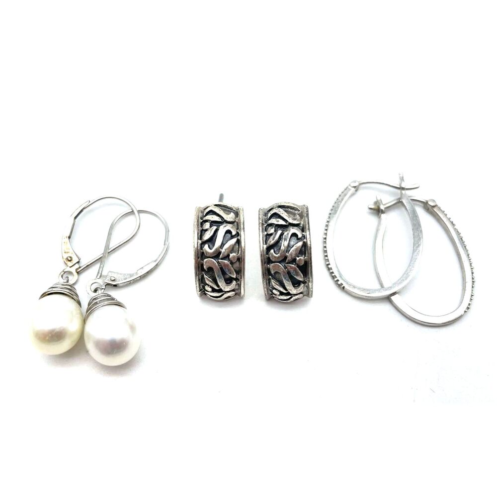 3 Sterling Silver 925 Earrings Set Pearl Drop Textured Huggies Oval Hoops 9.6g